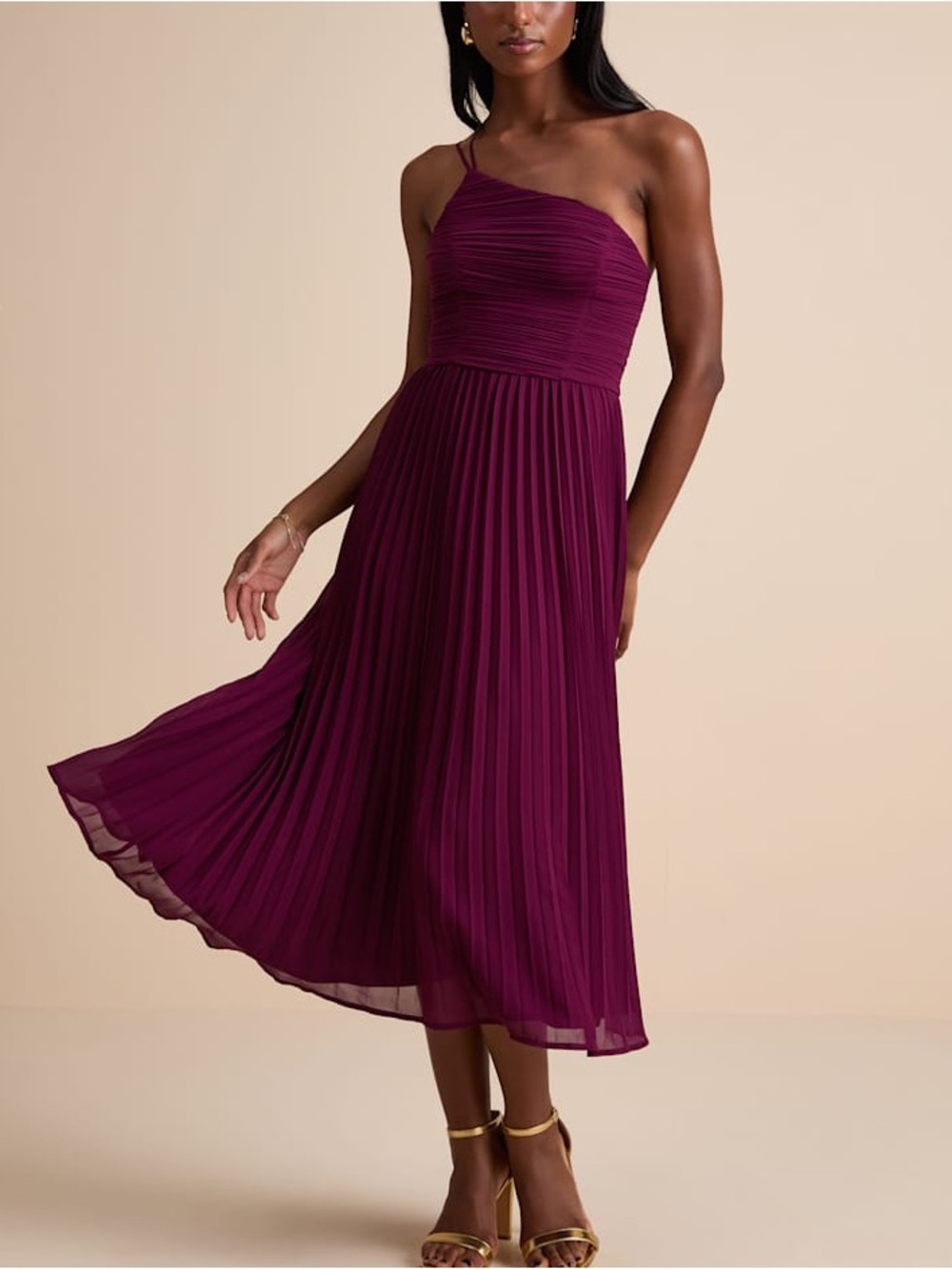 Lulus Wondrous Muse Plum Pleated One Shoulder Midi Dress Size XL NWT